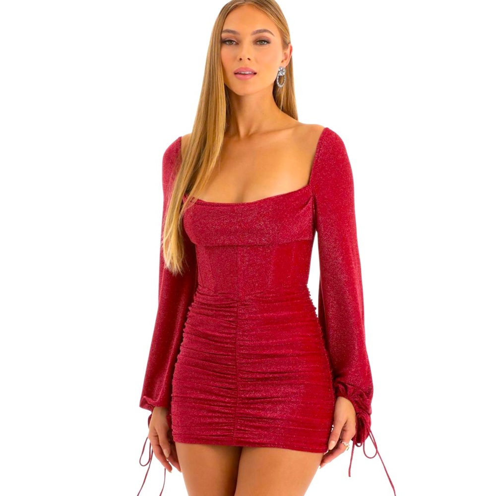 Glitter Long Sleeve Corset Dress in Red